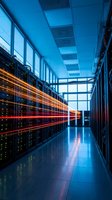 Modern data center server room with glowing orange light trails and blue ambient lighting creating dynamic technology atmosphere for business presentations.