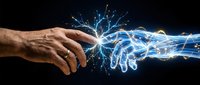 Human hand reaching toward glowing blue energy streams with electric sparks on dark background for technology and innovation concepts.