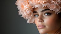 Young mixed race woman with peach carnation flowers crown against dark background, dramatic side lighting highlights glowing skin and natural makeup look.