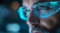Mature bearded man wearing futuristic glowing cyan glasses with digital particles effect in dark environment, side view close up portrait with bokeh background.