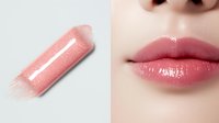 Glossy pink lipstick swatch next to close-up of feminine lips wearing same shade, showing texture and color payoff for cosmetic product demonstration.