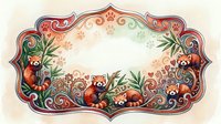Ornate decorative frame with red pandas and bamboo leaves in vintage style. Floral border design with Asian wildlife motifs for greeting cards and invitations.