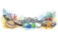 Watercolor marine life collection with seashells, starfish, coral and sea glass on sandy beach. Coastal decoration elements for summer designs.