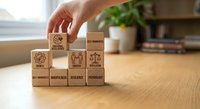 Hand arranging wooden blocks with corporate social responsibility icons on office desk representing business ethics and sustainable development goals.