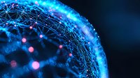 Glowing blue network connections with pink nodes forming curved digital structure against dark background, representing technological advancement and connectivity.