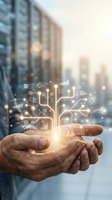 Hands holding glowing digital tree with data analytics icons and circuit patterns in modern office environment for business technology concepts.