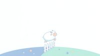 Cute sheep character standing on curved landscape with stars and clouds in soft pastel colors for children's book illustration or nursery wall art.