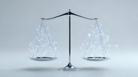 Glowing scales of justice in equilibrium against gray background, symbolizing legal balance and fairness in modern minimalist style. Suitable for law firm marketing.