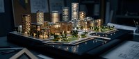 Illuminated architectural scale model of modern urban development with high-rise buildings and waterfront design on drafting table for planning presentation.