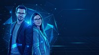 Young professional Caucasian man and woman in business attire standing confidently against futuristic digital network background with glowing connections.