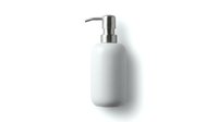 White ceramic soap dispenser with stainless steel pump top on clean white background. Suitable for bathroom and kitchen product photography, home decor, and hygiene-related designs.