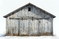 Weathered wooden barn with sliding doors stands solitary against winter snow, featuring rustic gray patina and vintage architectural details. Minimalist rural scene.