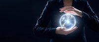 Businesswoman in dark suit holding glowing globe between hands against black background, representing global business, technology innovation, and worldwide connectivity for corporate concepts.