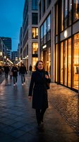 Young woman walking through illuminated shopping district at dusk with warm storefront lights and modern architecture creating urban lifestyle atmosphere.