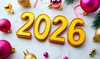 Golden metallic numbers 2026 with pink and gold Christmas baubles, candy canes and pine branches on white background, festive holiday composition for New Year celebration.