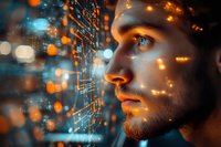 Young Caucasian man with beard gazing at glowing digital circuit board patterns with warm orange bokeh lights creating futuristic technology atmosphere.