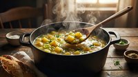 Steaming pot of vegetable soup with potatoes, carrots and herbs simmering on wooden table near bread and spices for cooking and food preparation.