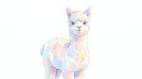 Watercolor llama with soft pastel colors in pink, blue, and yellow tones, gentle expression, suitable for children's designs, nursery decor, and creative projects.