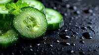 Fresh sliced cucumber with water drops and mint leaves on dark background, macro shot showing juicy texture and natural moisture for food photography.