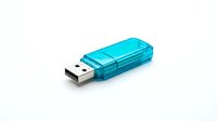 Transparent cyan USB flash drive isolated on white background, ready for design use on promotional materials, tech presentations, and digital storage product mockups.