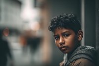 Young South Asian boy with curly hair and serious expression in urban setting, wearing gray scarf and brown jacket. Moody portrait with blurred background.
