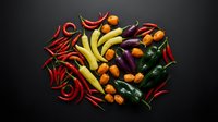 Colorful hot chili peppers arranged in heart shape on dark background. Spicy vegetables collection including red, yellow, orange, purple and green varieties.