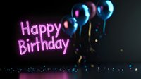 Glowing pink neon happy birthday sign with floating blue balloons and golden confetti on dark background, festive celebration atmosphere for party invitations.