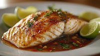 Grilled salmon fillet with herbs and lime wedges on white plate. Fresh cooked fish with seasoning and citrus garnish for healthy dining and culinary presentations.
