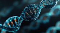 DNA double helix structure with glowing blue particles showing genetic code and molecular biology concepts for scientific research and biotechnology applications.