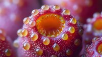 Vibrant macro photography of pink sea anemone tentacles with yellow tips, showing detailed texture and patterns in marine life against dark background.