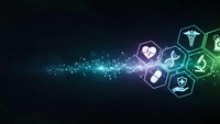 Digital healthcare technology concept with glowing medical icons and particle stream on dark background for modern medicine presentations.