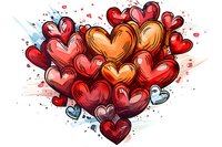 Vibrant heart composition with red, orange and blue watercolor splashes and sketch style outlines, forming romantic cluster against white background for valentines designs.