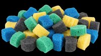 Colorful sponge cubes and spheres in blue, green, yellow, and gray isolated on transparent background. Ready for clipart, design elements, print-on-demand products, and sublimation projects.