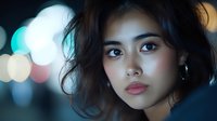 Young Asian woman with thoughtful expression against blurred city lights at night, dramatic portrait with teal and pink bokeh background creates moody atmosphere.