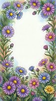 Watercolor aster flowers frame with purple and pink blooms, green leaves creating decorative border with white center space for text or design.