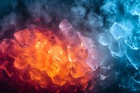 Ice cubes with dramatic red and blue lighting effects creating contrast between hot and cold, fire and ice concept with smoke and illumination for creative backgrounds.