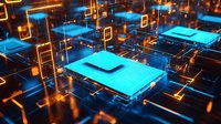 Glowing blue microprocessors connected by orange circuit paths create futuristic technology network visualization with digital data flow patterns and electronic components.