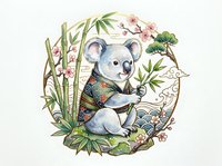Cute koala holding bamboo branch surrounded by lush green foliage, pink flowers, and decorative botanical elements on isolated white background for design projects.