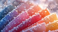 Vibrant rainbow gradient stripes covered in sparkling frost crystals and snow creating magical winter wonderland effect with bokeh lights and dreamy atmosphere.