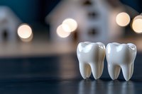 Two white healthy molars on dark reflective surface with blurred house silhouettes and bokeh lights in background, dental care concept for orthodontics.