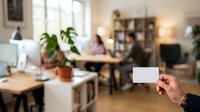 Hand holding blank white business card in modern office workspace with plants, natural light, and colleagues working at desks in background for branding and corporate identity.