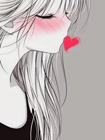 Minimalist anime style profile of young woman with blushing cheeks and red heart, featuring long flowing hair in black and white artistic rendering. Romantic mood.
