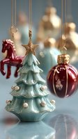 Elegant ceramic Christmas ornaments hanging, featuring a mint green tree with gold star and red horse figurine against soft blue background.