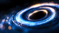 Glowing spiral vortex with luminous blue light trails and bokeh effects against dark background creates futuristic cosmic atmosphere for science and technology concepts.