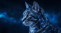 Cosmic cat portrait with starry night sky overlay and glowing constellation patterns on fur creating mystical feline artwork for fantasy designs.