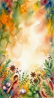 Watercolor culinary background with herbs, spices and cooking utensils frame. Colorful artistic border with star anise, garlic, wooden spoons for recipe cards.