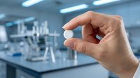 Caucasian male hand holding white pill in modern laboratory or medical facility with scientific equipment and charts visible in blurred background.