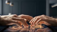 Hands of two people touching on reflective surface with warm lighting and dark background, suitable for concepts of connection, partnership, agreement, collaboration, teamwork, support, trust, and human interaction in business or personal relationships.