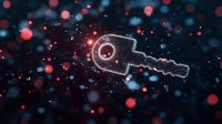 Digital key silhouette floating in dark space with red and blue bokeh lights, glowing particles creating magical atmosphere for security concepts.