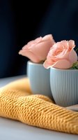 Delicate pink roses in white ceramic cup against dark background with yellow knitted textile, creating cozy home atmosphere. Perfect for lifestyle blogs.